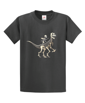 Man's Skeleton Riding A Dinosaur Skeleton Unisex Kids and Adults T-Shirt